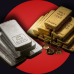 Gold bars and coins on a digital trading screen showing a downward trend in Pakistan's bullion market.
