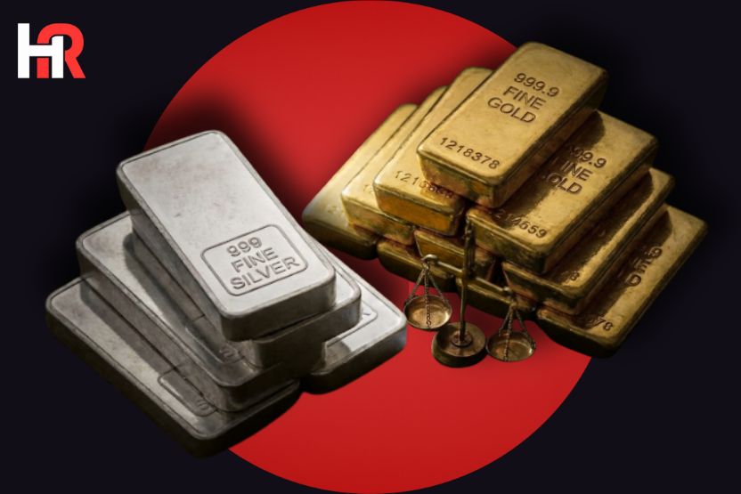 Gold bars and coins on a digital trading screen showing a downward trend in Pakistan's bullion market.