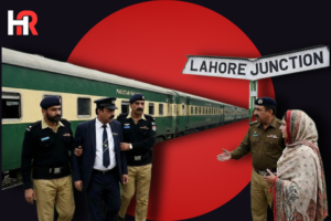 Alt Text: Pakistan Railways ticket examiner Irshad involved in a physical altercation with a woman passenger on the Pakistan Express.