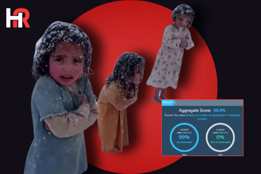 A side-by-side comparison of the AI-generated viral video of girls in snow and an "AI-Generated" warning label from iVerify Pakistan.