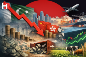 Infographic comparing Pakistan's 43.3% FDI drop with the KSE-100 index reaching the 190,000 mark in January 2026.
