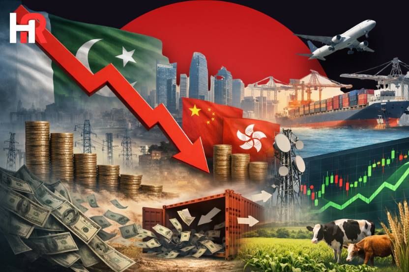 Infographic comparing Pakistan's 43.3% FDI drop with the KSE-100 index reaching the 190,000 mark in January 2026.