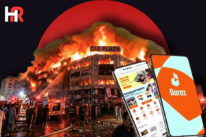 Daraz Pakistan team and app interface shown alongside the Gul Plaza fire incident as part of the "Daraz Cares" support initiative for affected sellers.
