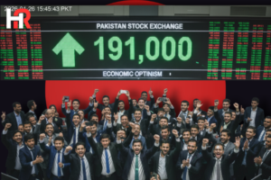 Traders at Pakistan Stock Exchange (PSX) celebrating as the market index hits a record-breaking 191,000 points.