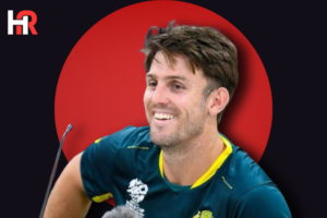 Australian captain Mitchell Marsh smiling during the trophy unveiling ceremony in Lahore.