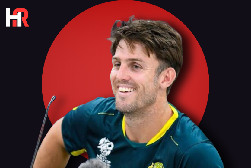 Australian captain Mitchell Marsh smiling during the trophy unveiling ceremony in Lahore.