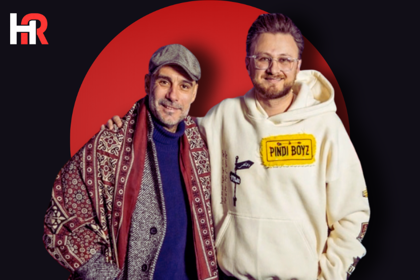 Pakistani influencer Hamza Bhatti gifting a traditional Sindhi Ajrak to Manchester City manager Pep Guardiola.