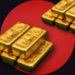 Gold bars and coins displayed with the record-breaking price of Rs 572,862 per tola in Pakistan.