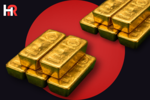 Gold bars and coins displayed with the record-breaking price of Rs 572,862 per tola in Pakistan.