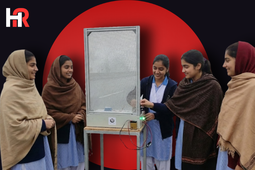Female students from TABS College Hyderabad demonstrating 'Nebulavolt', a device that converts fog into electricity.