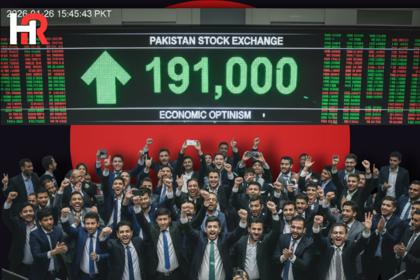 Traders at Pakistan Stock Exchange (PSX) celebrating as the market index hits a record-breaking 191,000 points.