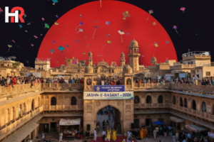 Colorful kites in the sky over Lahore's Walled City during Basant 2026 celebrations.