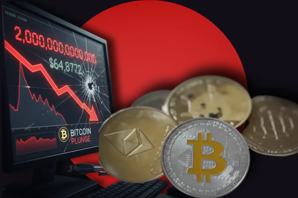 Bitcoin price chart showing a steep decline; $2 trillion crypto market wipeout headline in February 2026.