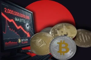 Bitcoin price chart showing a steep decline; $2 trillion crypto market wipeout headline in February 2026.