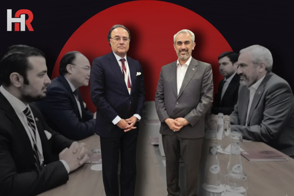 Finance Minister Muhammad Aurangzeb and Iranian Minister Seyed Ali Madanizadeh shaking hands at AlUla Summit 2026.