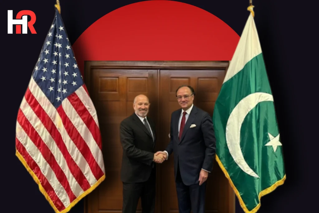 Foreign Minister Ishaq Dar in a meeting with officials; US-Pakistan bilateral trade and investment discussion graphic 2026.