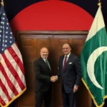 Foreign Minister Ishaq Dar in a meeting with officials; US-Pakistan bilateral trade and investment discussion graphic 2026.