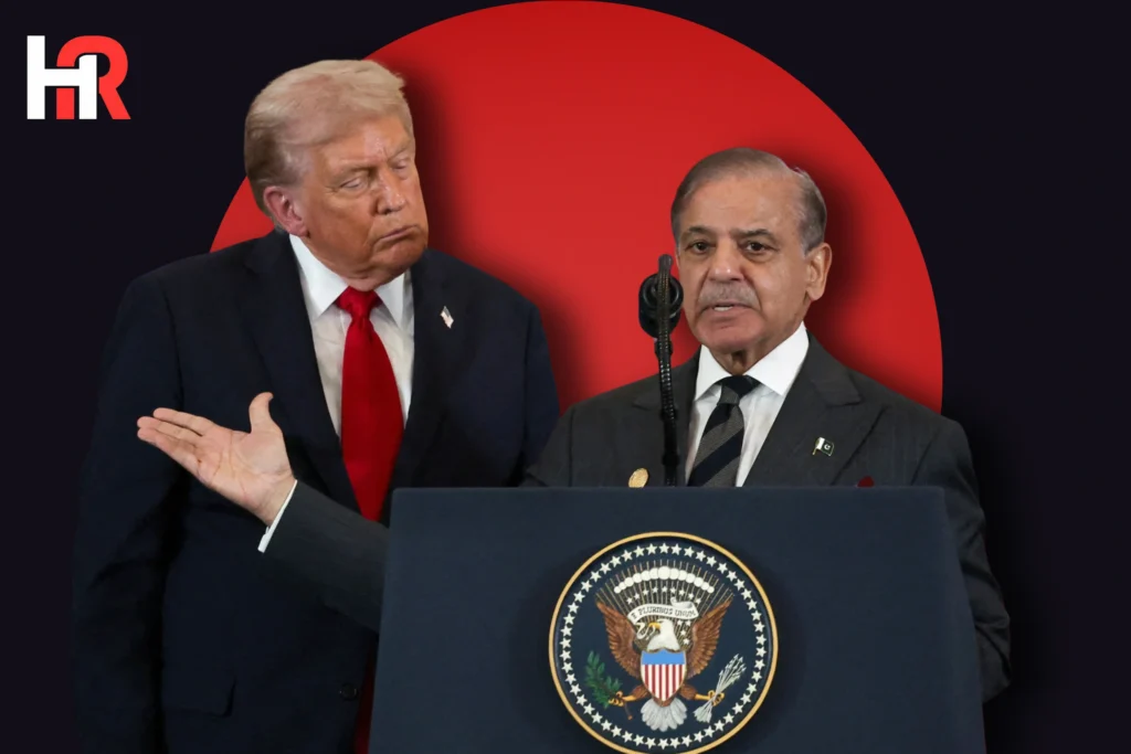 Prime Minister Shehbaz Sharif and President Donald Trump; Gaza Board of Peace summit branding for February 2026.
