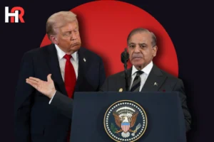 Prime Minister Shehbaz Sharif and President Donald Trump; Gaza Board of Peace summit branding for February 2026.