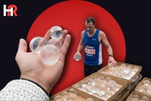 Edible seaweed water bubbles held in hand; athlete using seaweed bubbles at a marathon.