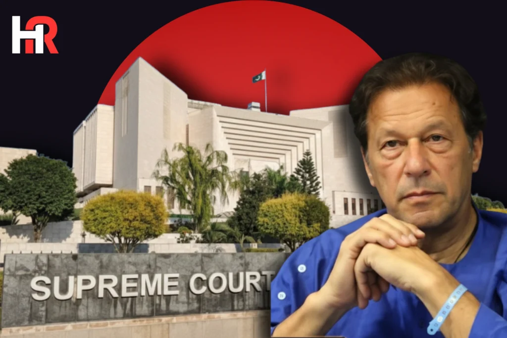 Imran Khan pictured with the Supreme Court of Pakistan building; Chief Justice Yahya Afridi bench update.