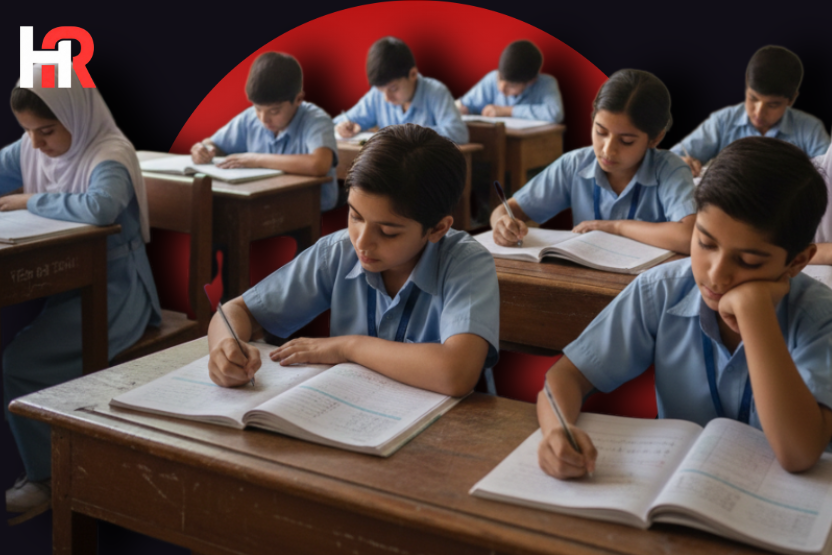 Sindh High Court building in Karachi; symbolic image of students in a classroom representing the 10% free education quota.