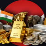 Bullion market recovery with gold bars and silver coins next to the US and Indian flags.