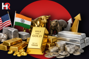 Bullion market recovery with gold bars and silver coins next to the US and Indian flags.