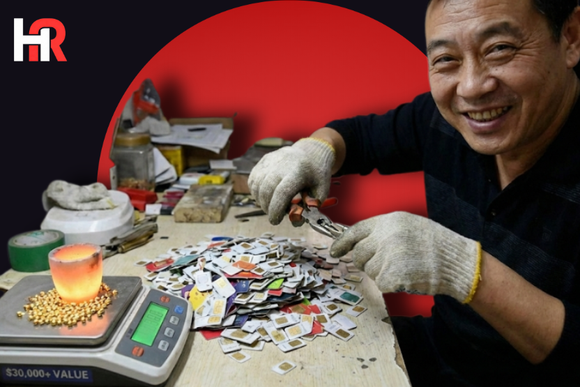 Qiao the Hakka Gold Refiner displaying a solid gold ingot extracted from SIM cards and electronic waste.