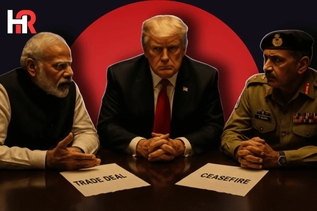 Prime Minister Narendra Modi and US President Donald Trump shaking hands; Opposition comparing the trade deal to the 2025 ceasefire.