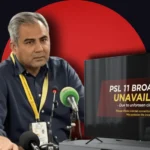 PSL 11 logo alongside the ICC T20 World Cup 2026 trophy; symbols representing the media rights boycott in India.
