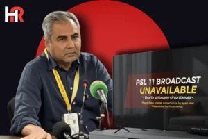 PSL 11 logo alongside the ICC T20 World Cup 2026 trophy; symbols representing the media rights boycott in India.