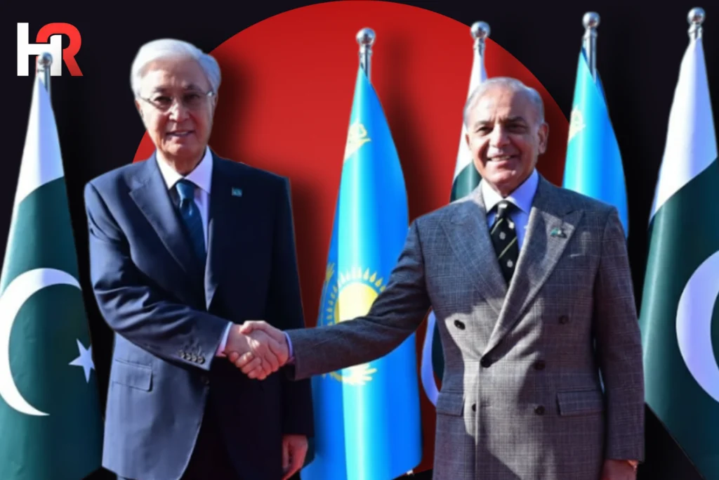 Prime Minister Shehbaz Sharif and Kazakh President Kassym-Jomart Tokayev during the MoU signing ceremony in Islamabad.