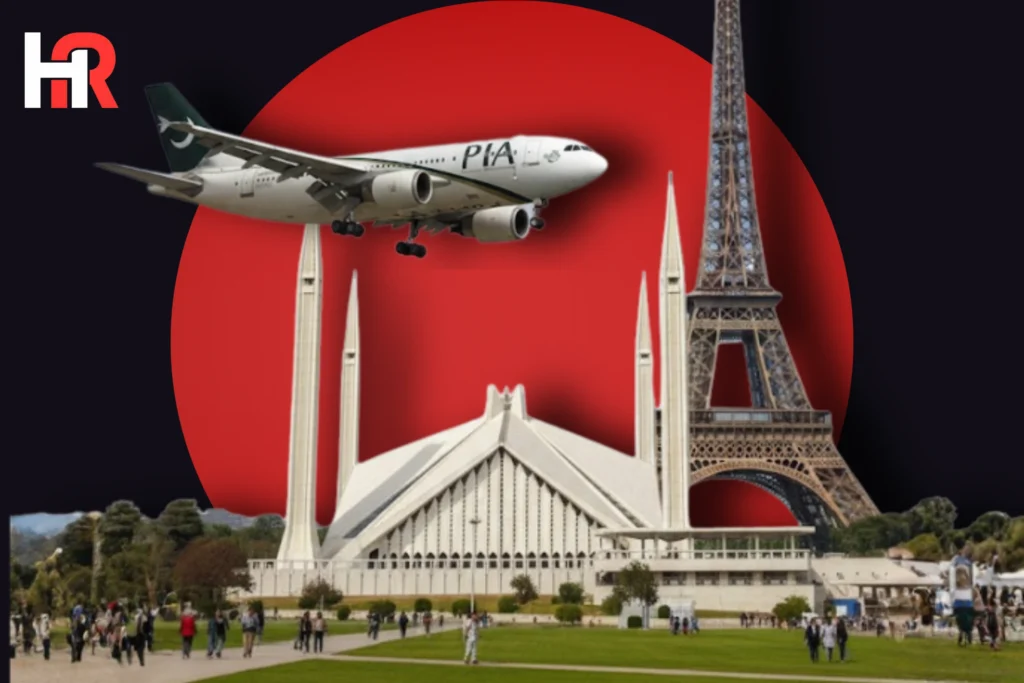 PIA aircraft at Charles de Gaulle Airport, Paris; 10% discount announcement for overseas Pakistanis.