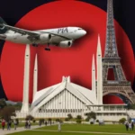 PIA aircraft at Charles de Gaulle Airport, Paris; 10% discount announcement for overseas Pakistanis.