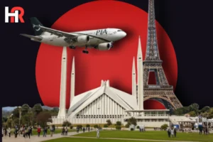 PIA aircraft at Charles de Gaulle Airport, Paris; 10% discount announcement for overseas Pakistanis.