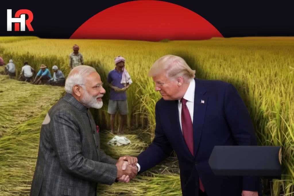 PM Modi and Donald Trump shaking hands; US-India trade deal infographic 2026.