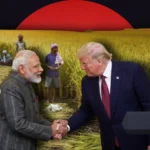 PM Modi and Donald Trump shaking hands; US-India trade deal infographic 2026.