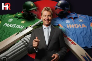 Brett Lee on Mr. Cricket UAE podcast; India and Pakistan cricket team flags with T20 World Cup 2026 logo.