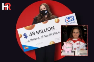 Juliette Lamour holding a $48 million lottery cheque; 5-year-old Juliette donating her piggy bank to the Red Cross.