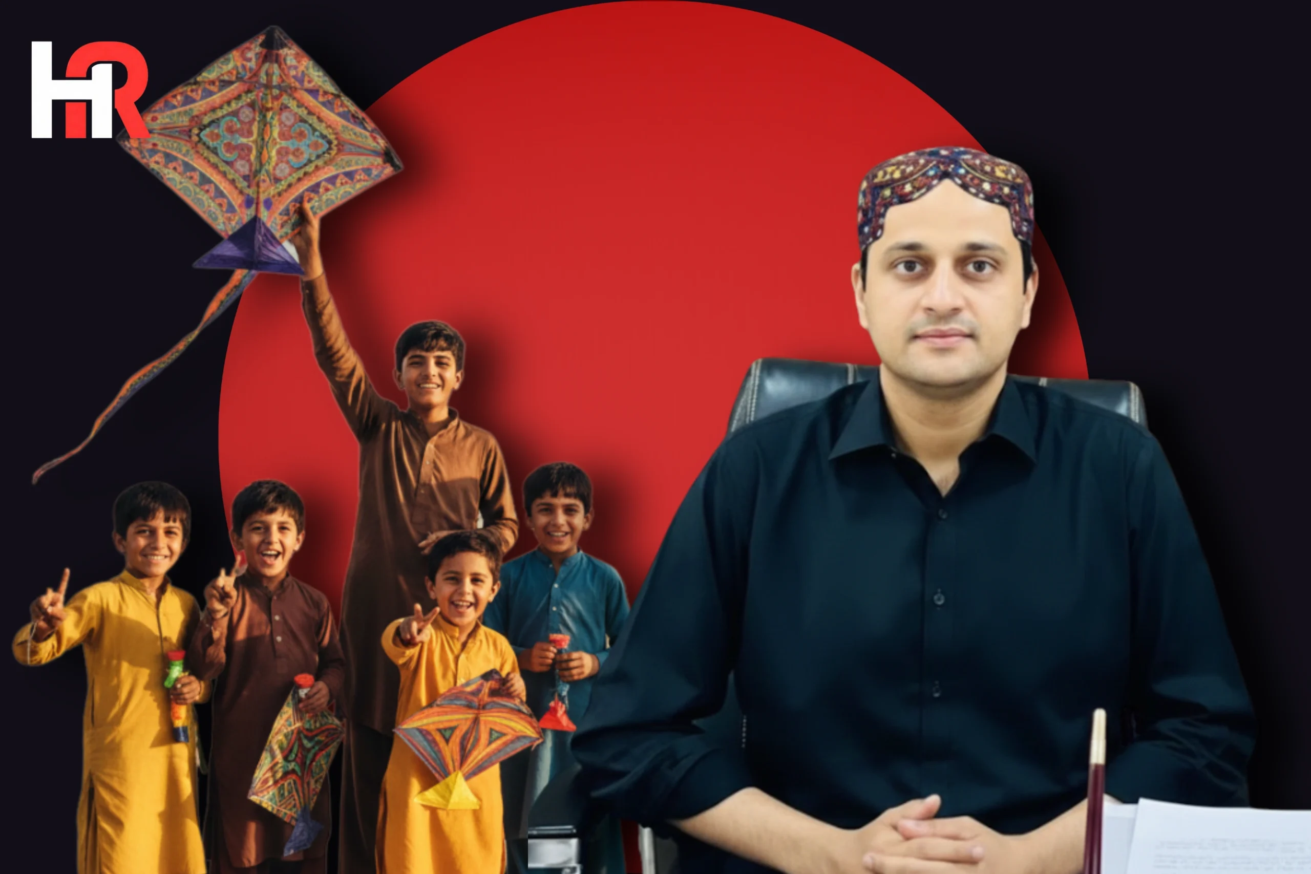 Mayor Karachi Murtaza Wahab announcing Basant festival 2026; vibrant kites over Karachi skyline.