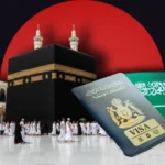 Hajj pilgrims at Masjid al-Haram; Saudi Vision 2030 Hajj visa facilitation infographic.