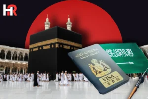 Hajj pilgrims at Masjid al-Haram; Saudi Vision 2030 Hajj visa facilitation infographic.
