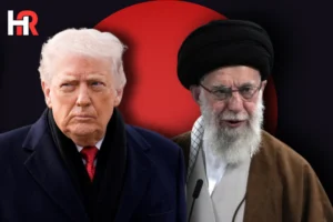 Brent and WTI crude oil price charts showing a downward trend; US and Iranian flags with the Oman Sultanate palace in the background.