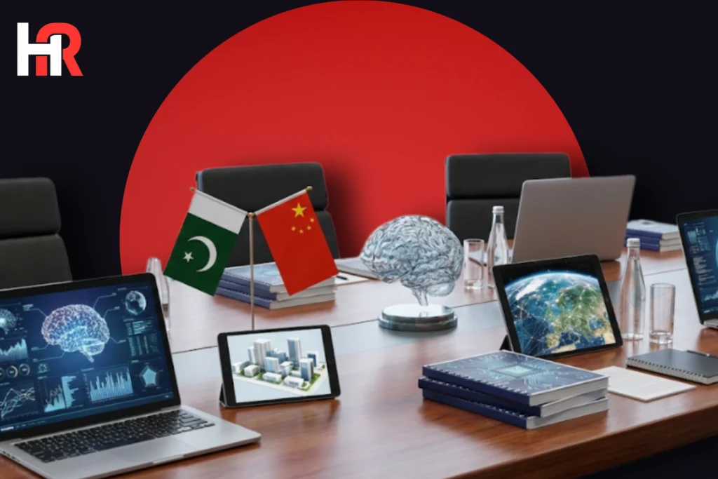 Muhammad Zameer Asadi speaking at an Islamabad seminar on Pakistan-China AI collaboration; AI icons with flags of Pakistan and China.