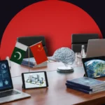 Muhammad Zameer Asadi speaking at an Islamabad seminar on Pakistan-China AI collaboration; AI icons with flags of Pakistan and China.
