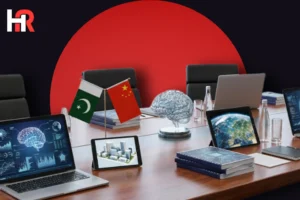 Muhammad Zameer Asadi speaking at an Islamabad seminar on Pakistan-China AI collaboration; AI icons with flags of Pakistan and China.