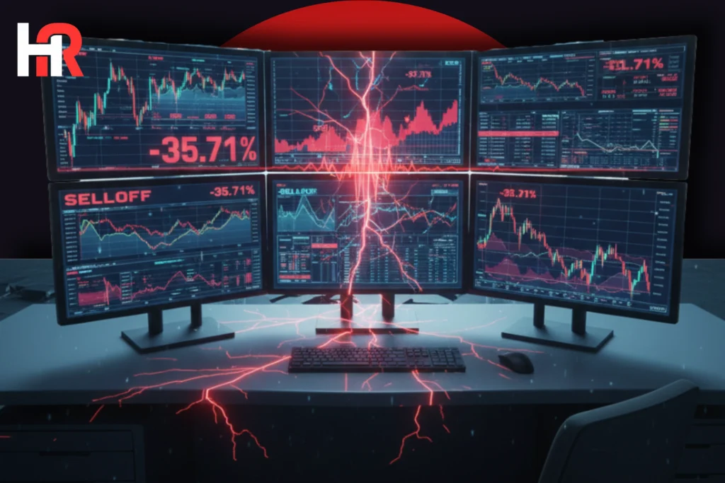 Red stock market graph showing decline; Bitcoin and Gold price drop icons.