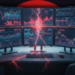 Red stock market graph showing decline; Bitcoin and Gold price drop icons.