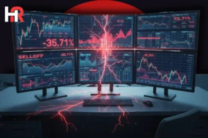 Red stock market graph showing decline; Bitcoin and Gold price drop icons.